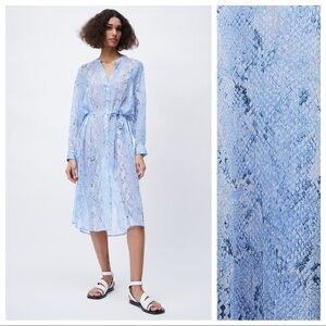 NWT. Zara Blue Semi-Sheer Animal Print Shirt Dress. Size S.